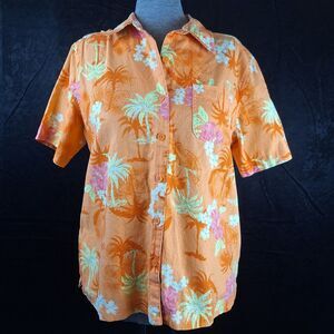 Sun Bay Cotton/Linen Size L Hawaiian Shirt Orange Palm Trees Vacation Tropical